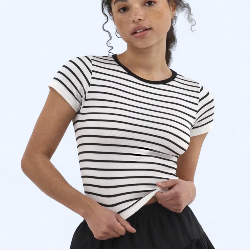 Olive green and white striped short sleeved sculpting crop top